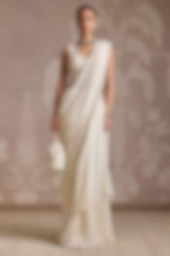 Ivory Chiffon Ruffled Draped Reception Saree Set by Ridhi Mehra at Pernia's Pop Up Shop