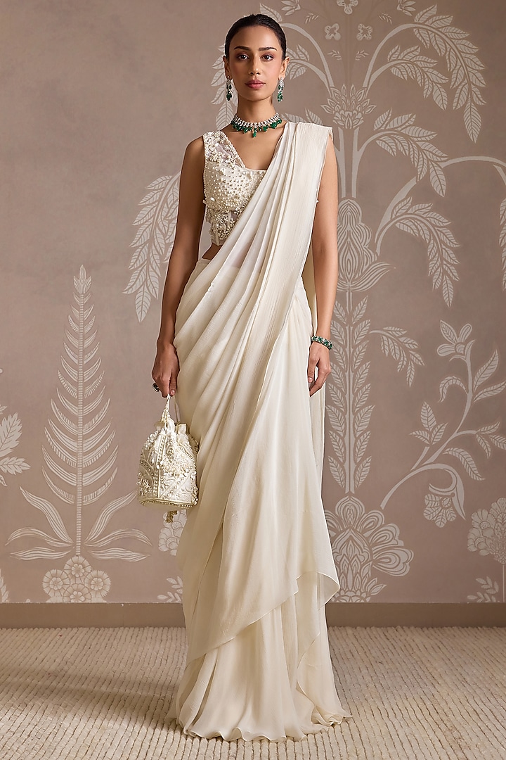 Ivory Chiffon Ruffled Draped Reception Saree Set by Ridhi Mehra at Pernia's Pop Up Shop
