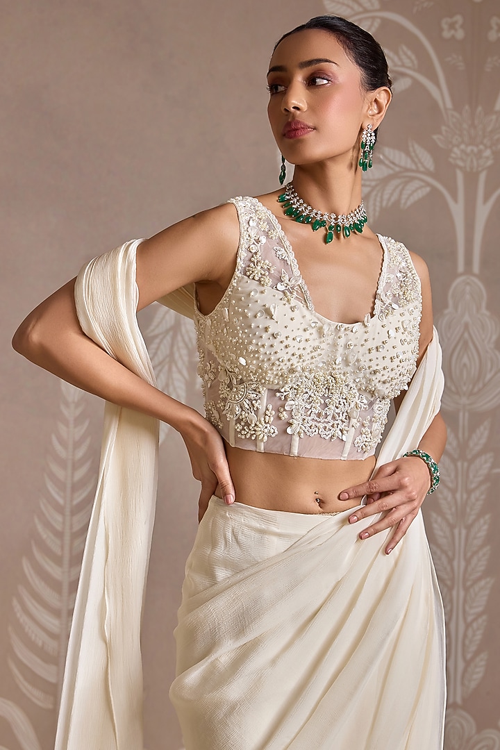 Ivory Chiffon Ruffled Draped Reception Saree Set by Ridhi Mehra at Pernia's Pop Up Shop