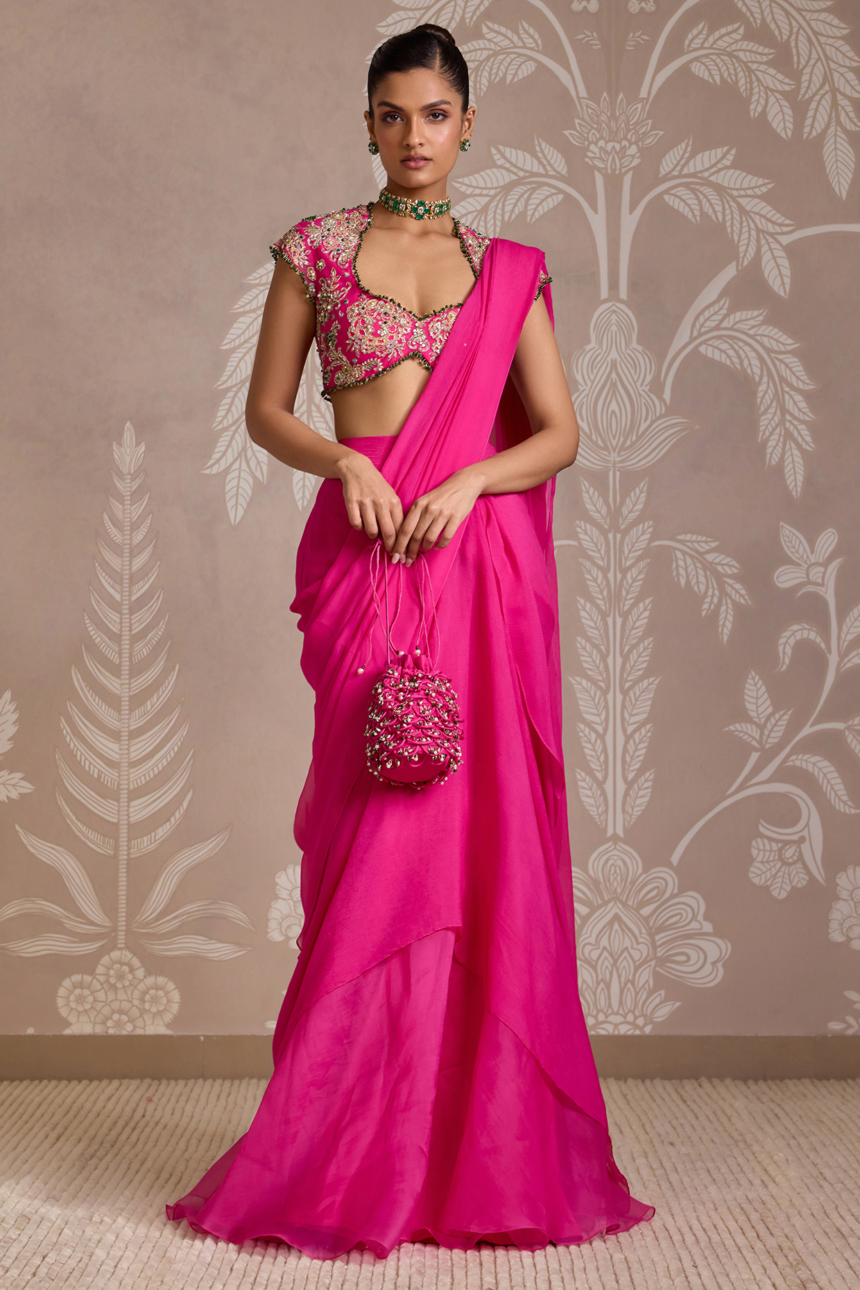 Fuchsia Chiffon & Organza Draped Reception Saree Set by Ridhi Mehra at Pernia's Pop Up Shop