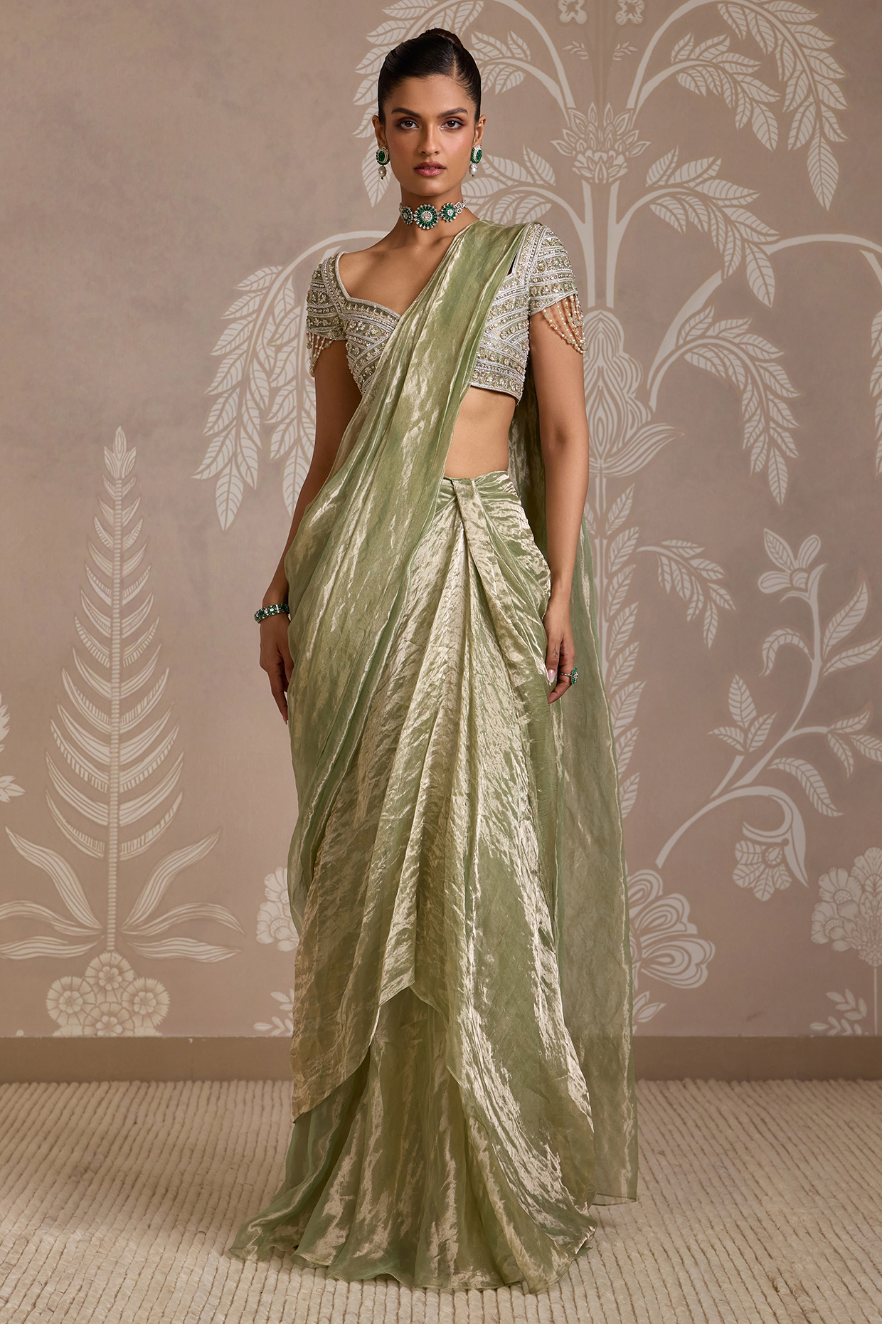 Mint Gold Tissue Draped Reception Saree Set by Ridhi Mehra at Pernia's Pop Up Shop