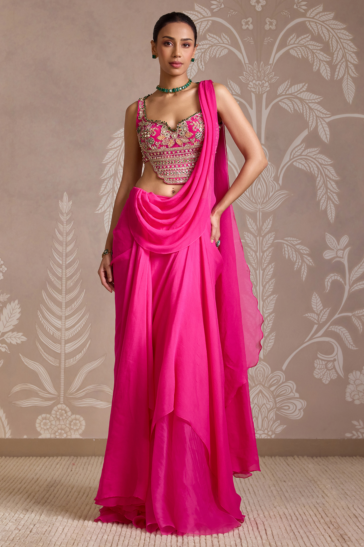 Fuchsia Chiffon Double Draped Reception Saree Set by Ridhi Mehra at Pernia's Pop Up Shop