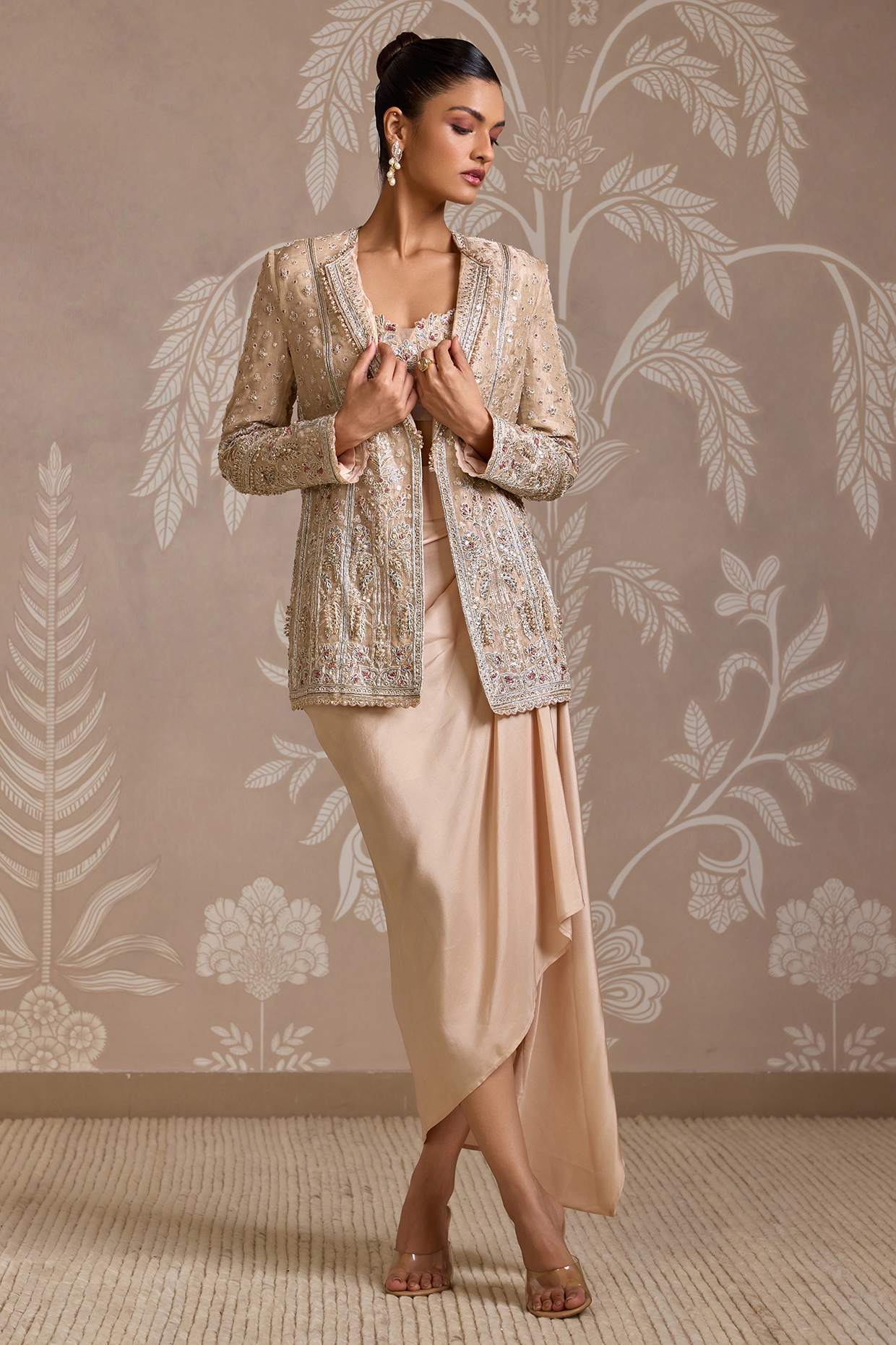 Gunmetal Grey Habutai Silk Draped Skirt Set by Ridhi Mehra at Pernia's Pop Up Shop