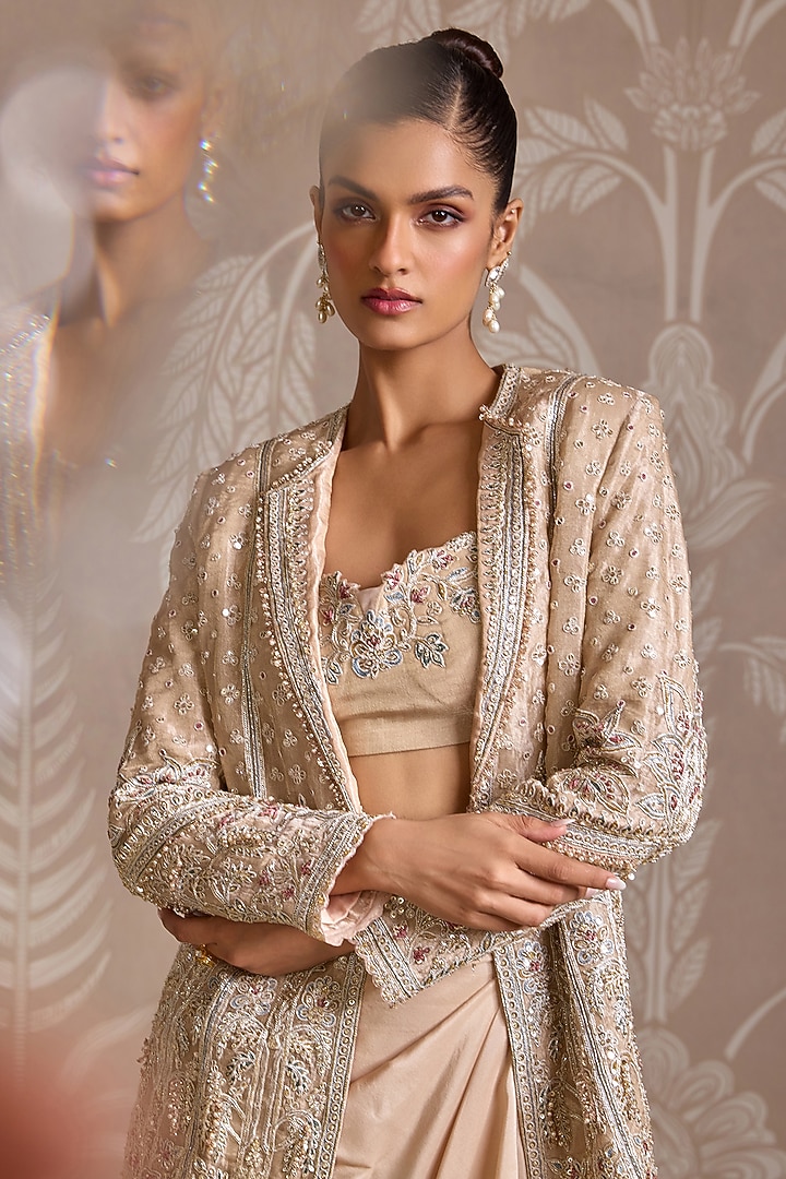 Gunmetal Grey Habutai Silk Draped Skirt Set by Ridhi Mehra at Pernia's Pop Up Shop