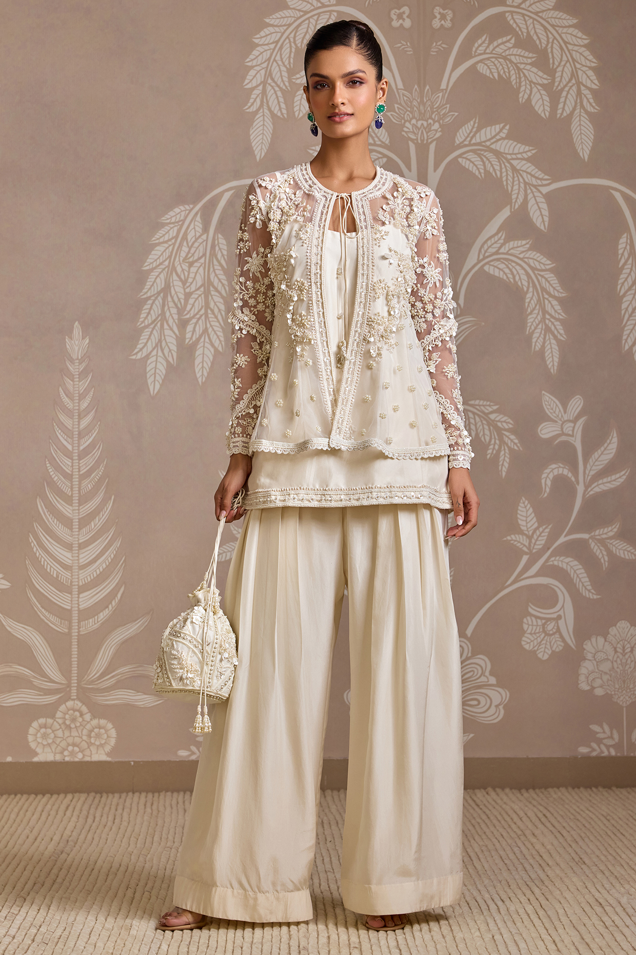 Ivory Net Embroidered Jacket Set by Ridhi Mehra at Pernia's Pop Up Shop