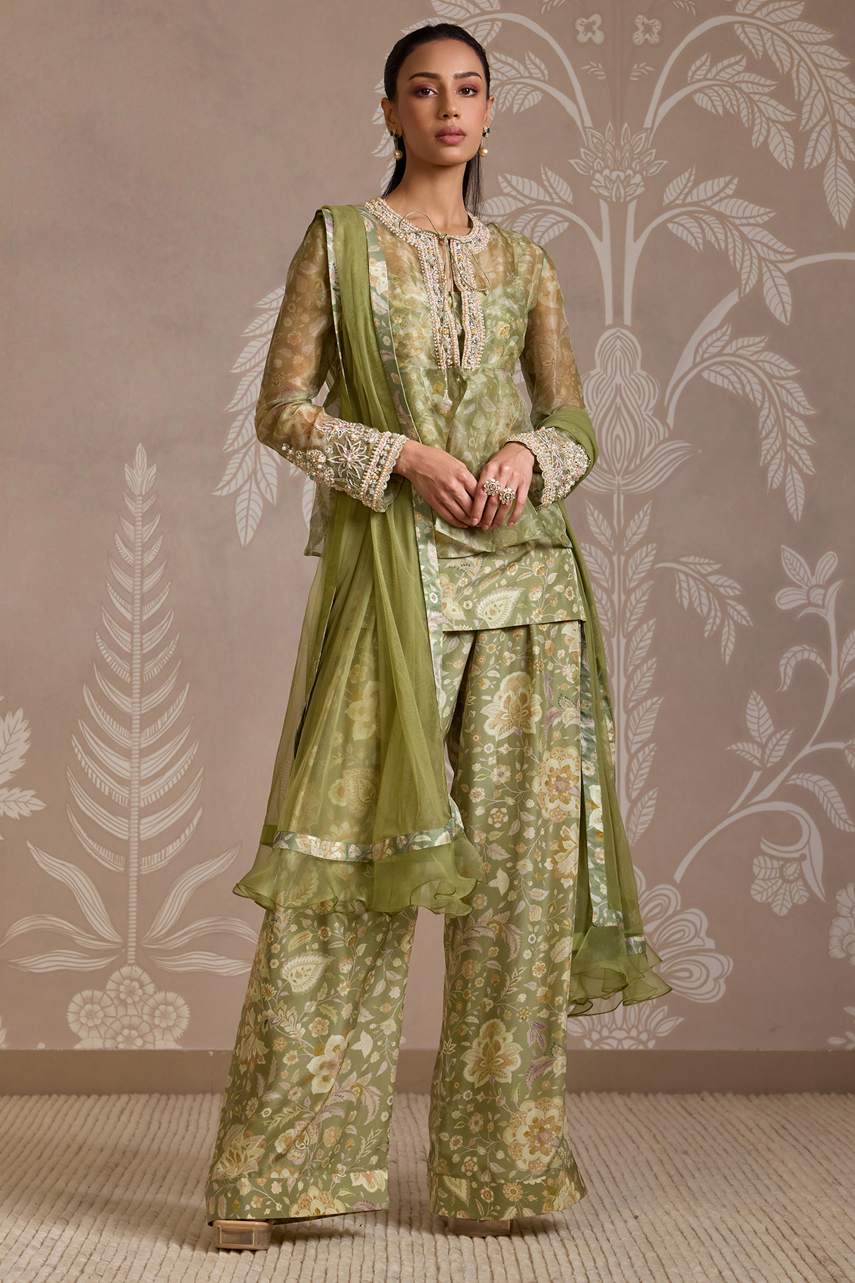 Mint Organza Printed & Embroidered Jacket Set by Ridhi Mehra at Pernia's Pop Up Shop