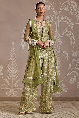 Mint Organza Printed & Embroidered Jacket Set by Ridhi Mehra