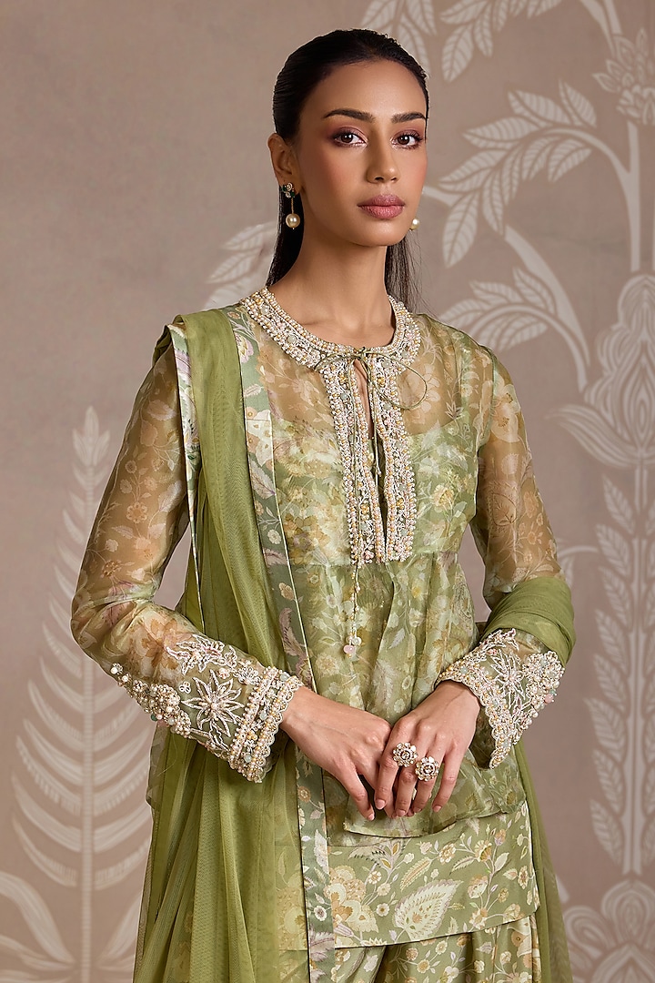 Mint Organza Printed & Embroidered Jacket Set by Ridhi Mehra at Pernia's Pop Up Shop