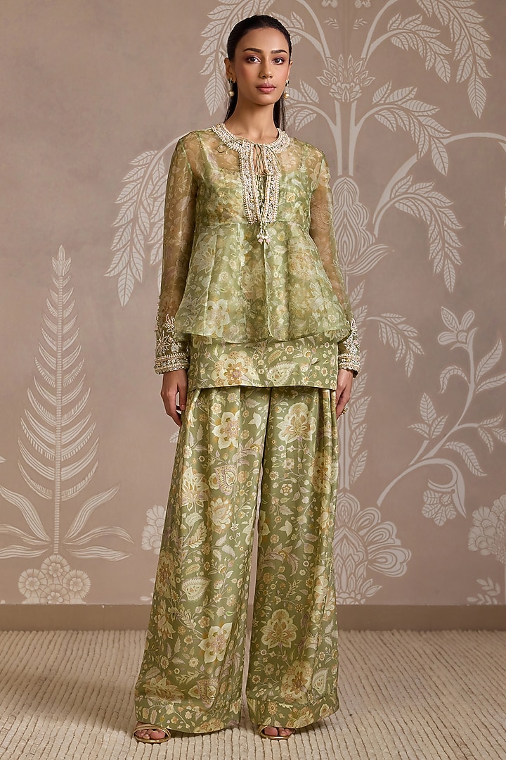 Mint Organza Printed & Embroidered Jacket Set by Ridhi Mehra at Pernia's Pop Up Shop