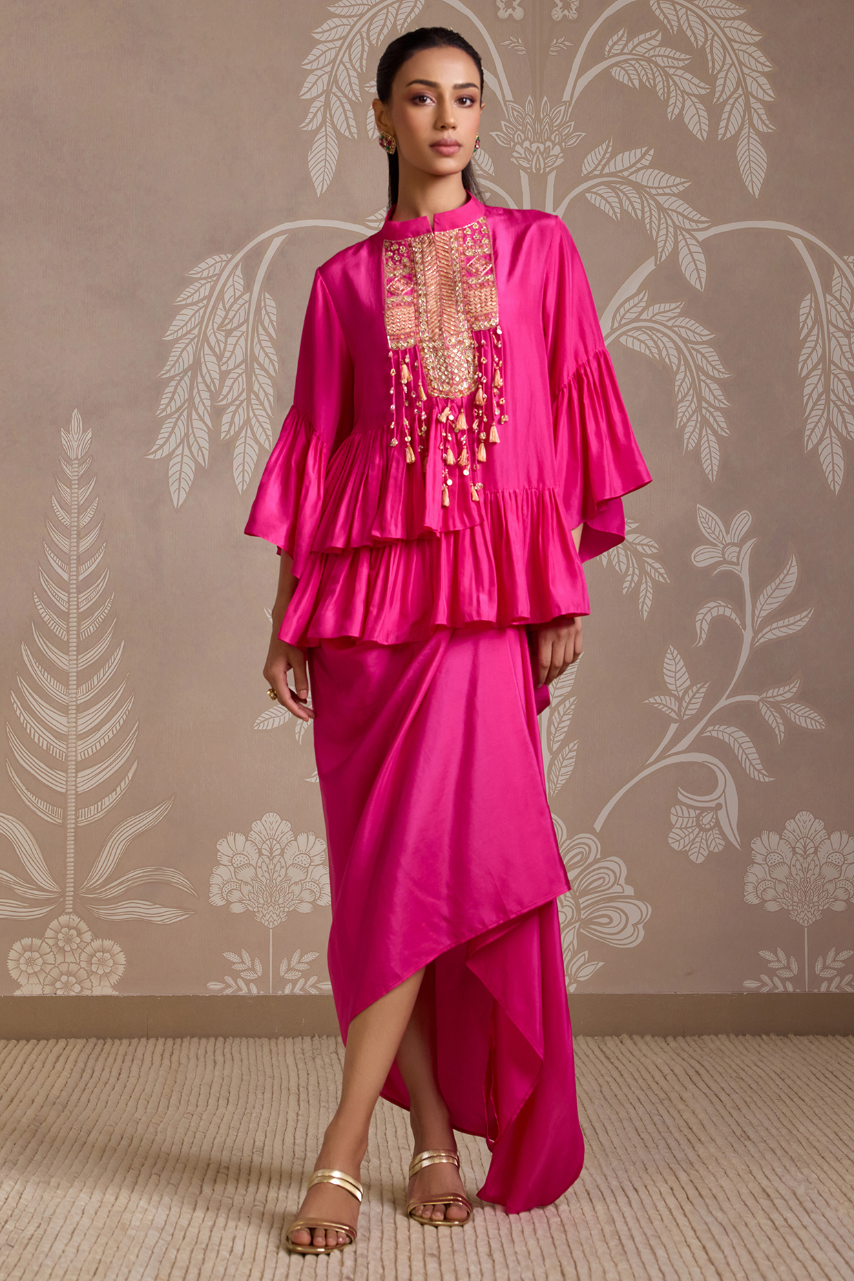 Bright Fuchsia Habutai Silk Draped Skirt Set by Ridhi Mehra at Pernia's Pop Up Shop
