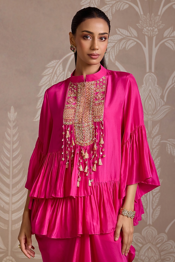 Bright Fuchsia Habutai Silk Draped Skirt Set by Ridhi Mehra at Pernia's Pop Up Shop