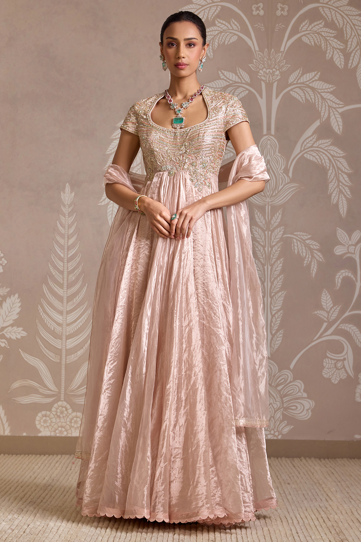 Rose Gold Tissue Embroidered Bridal Anarkali Set by Ridhi Mehra at Pernia's Pop Up Shop