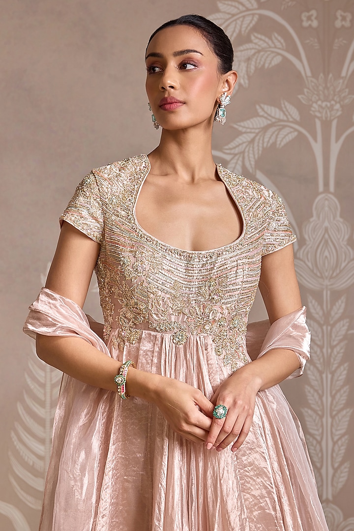 Rose Gold Tissue Embroidered Bridal Anarkali Set by Ridhi Mehra at Pernia's Pop Up Shop