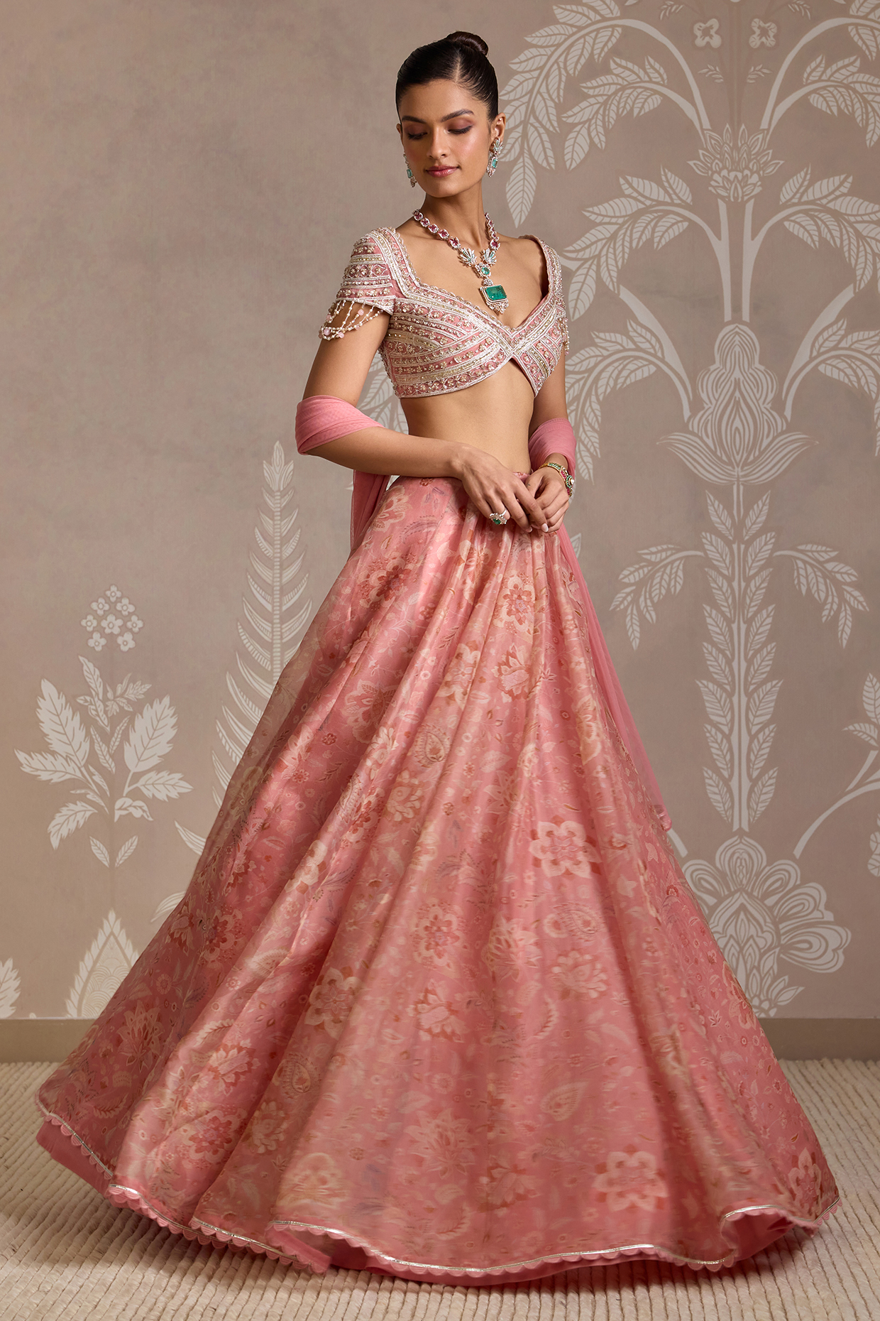 Coral Organza Printed Wedding Lehenga Set by Ridhi Mehra at Pernia's Pop Up Shop