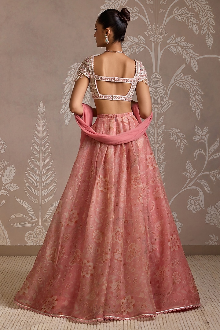 Coral Organza Printed Wedding Lehenga Set by Ridhi Mehra at Pernia's Pop Up Shop