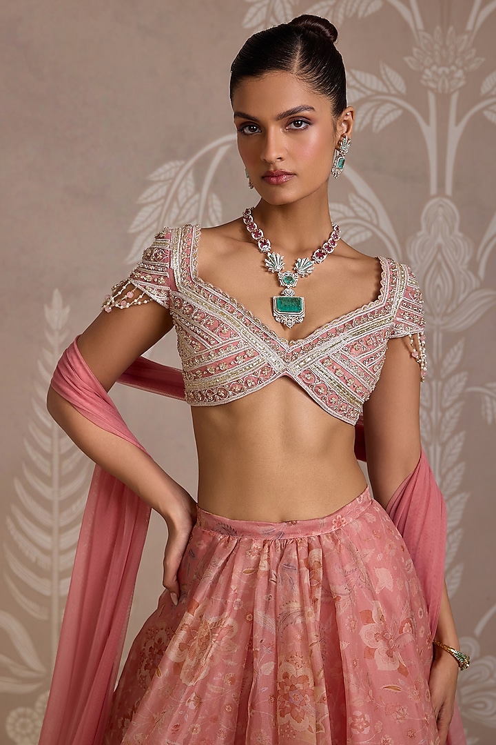 Coral Organza Printed Wedding Lehenga Set by Ridhi Mehra at Pernia's Pop Up Shop