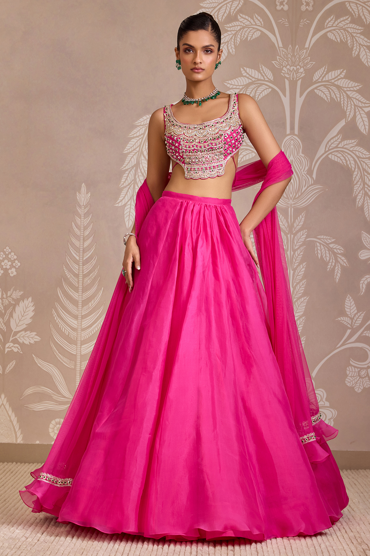 Bright Fuchsia Organza Wedding Lehenga Set by Ridhi Mehra at Pernia's Pop Up Shop