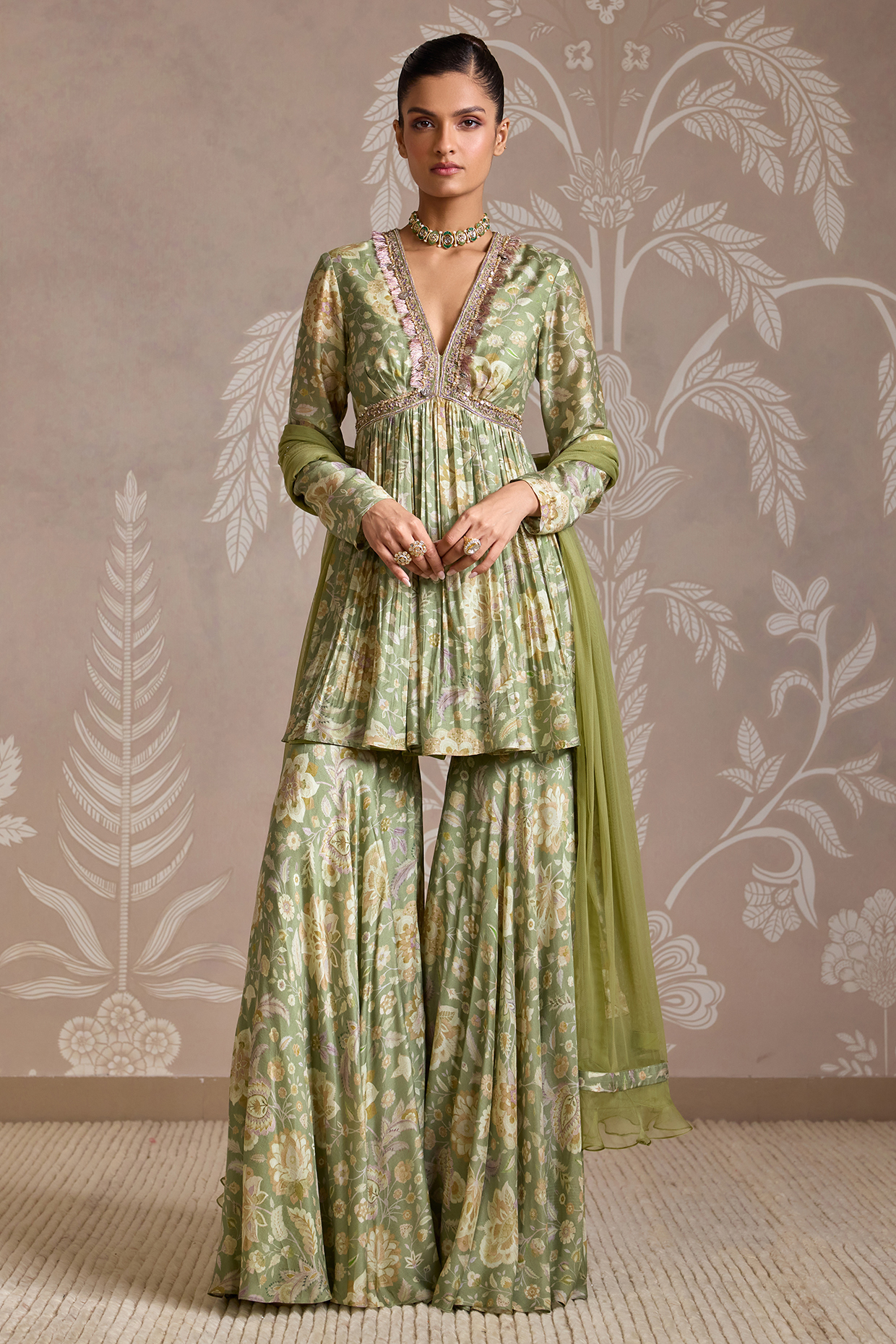 Mint Silk Printed Gharara Set by Ridhi Mehra at Pernia's Pop Up Shop