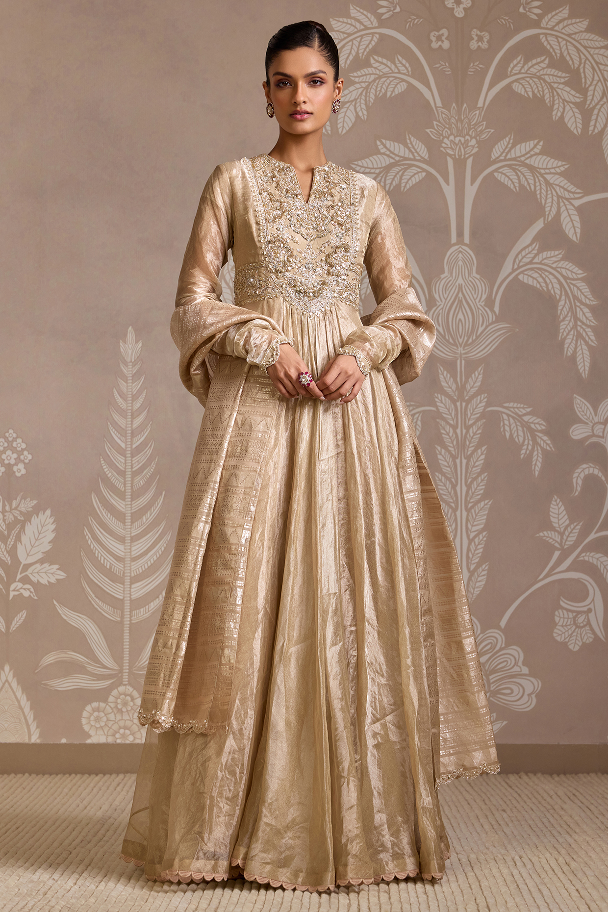 Gunmetal Gold Tissue Embroidered Bridal Anarkali Set by Ridhi Mehra at Pernia's Pop Up Shop