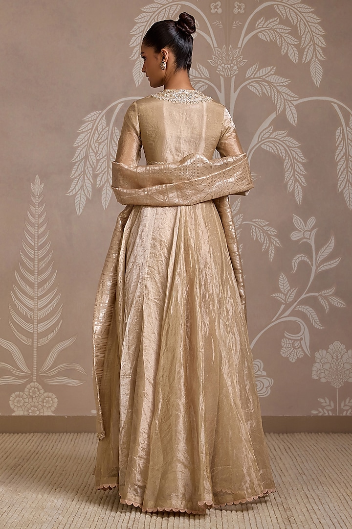 Gunmetal Gold Tissue Embroidered Bridal Anarkali Set by Ridhi Mehra at Pernia's Pop Up Shop