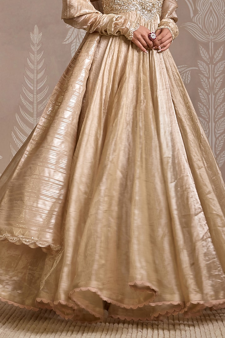 Gunmetal Gold Tissue Embroidered Bridal Anarkali Set by Ridhi Mehra at Pernia's Pop Up Shop