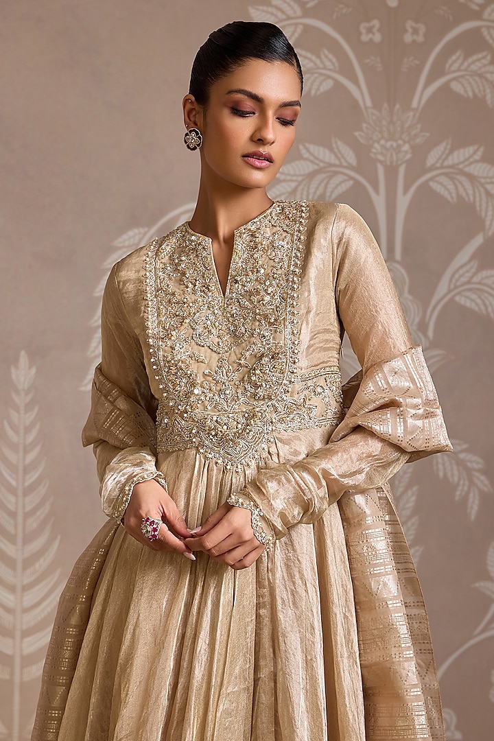 Gunmetal Gold Tissue Embroidered Bridal Anarkali Set by Ridhi Mehra at Pernia's Pop Up Shop