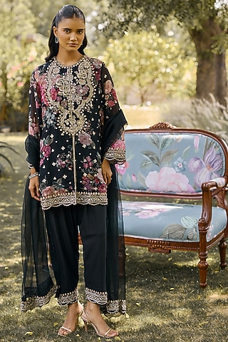Black Organza Printed & Embroidered Kurta Set by Ridhi Mehra