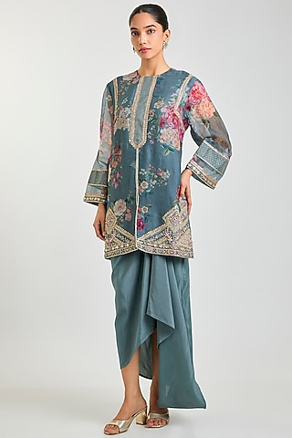 Powder Blue Organza Embroidered Kurta Set by Ridhi Mehra