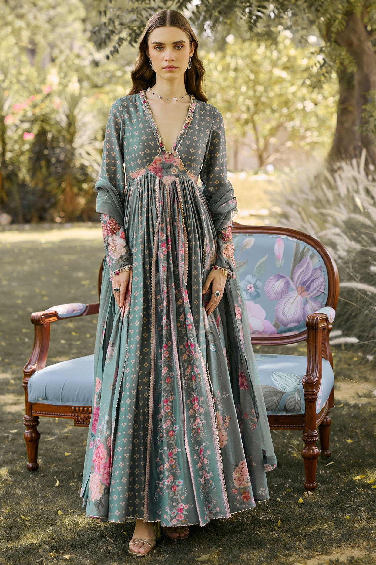 Ridhi Mehra Sage Green Chanderi Printed Anarkali Set