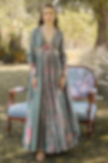 Sage Green Chanderi Printed Wedding Anarkali Set by Ridhi Mehra at Pernia's Pop Up Shop