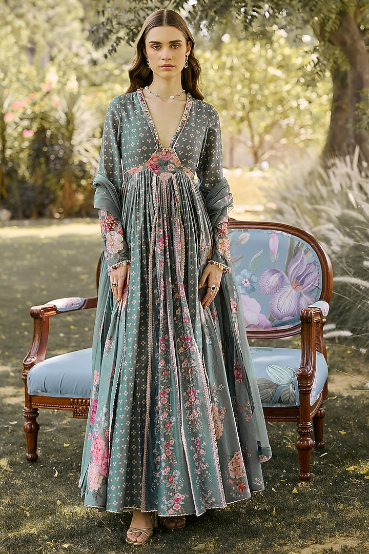 Sage Green Chanderi Printed Wedding Anarkali Set by Ridhi Mehra at Pernia's Pop Up Shop
