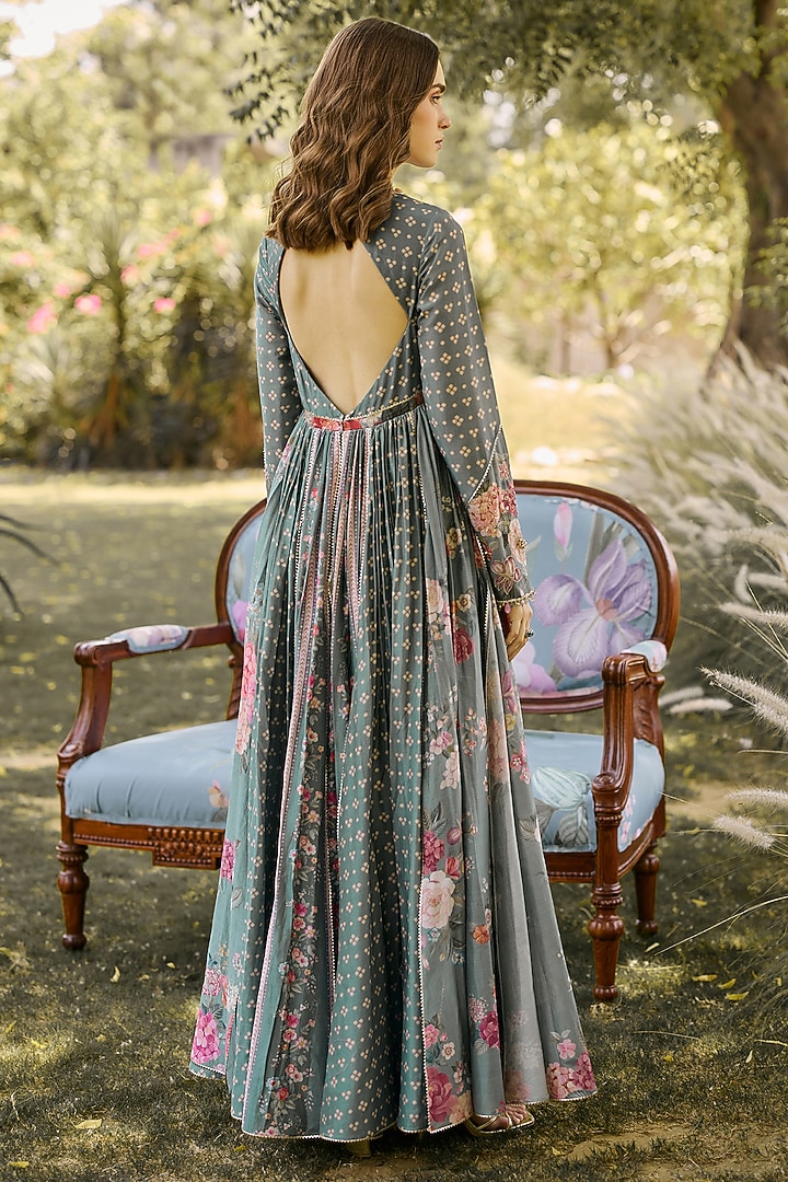 Sage Green Chanderi Printed Wedding Anarkali Set by Ridhi Mehra at Pernia's Pop Up Shop