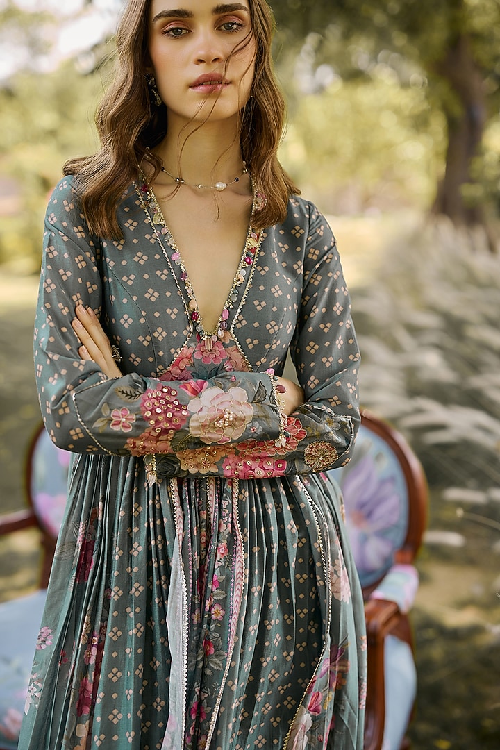 Sage Green Chanderi Printed Wedding Anarkali Set by Ridhi Mehra at Pernia's Pop Up Shop