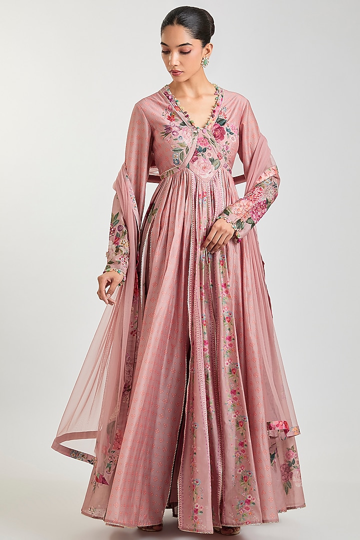Blush Pink Chanderi Printed Wedding Anarkali Set by Ridhi Mehra at Pernia's Pop Up Shop