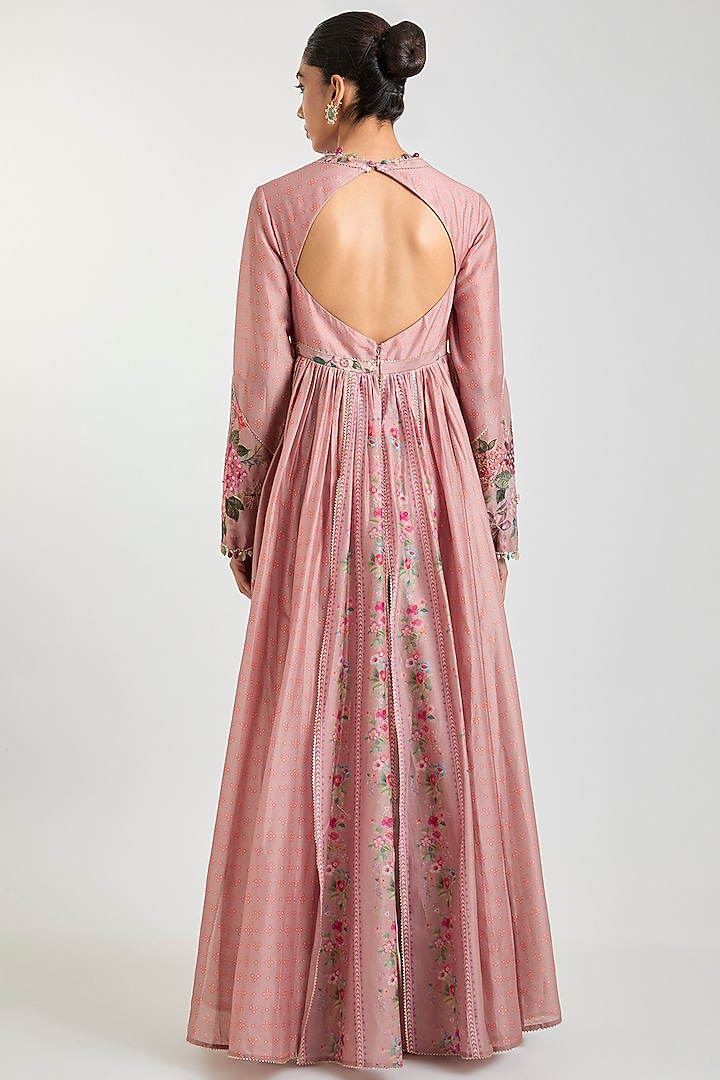 Blush Pink Chanderi Printed Wedding Anarkali Set by Ridhi Mehra at Pernia's Pop Up Shop