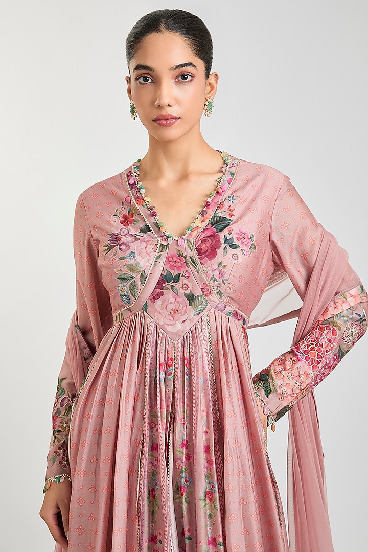 Blush Pink Chanderi Printed Wedding Anarkali Set by Ridhi Mehra at Pernia's Pop Up Shop