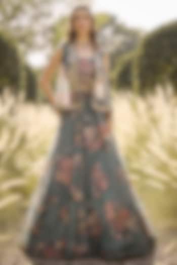 Sage Green Organza Printed & Embroidered Jacket Bridal Lehenga Set by Ridhi Mehra at Pernia's Pop Up Shop
