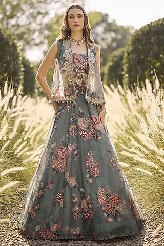 Sage Green Organza Printed & Embroidered Jacket Lehenga Set by Ridhi Mehra