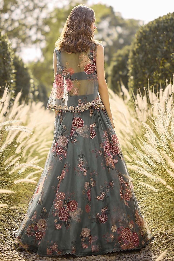 Sage Green Organza Printed & Embroidered Jacket Bridal Lehenga Set by Ridhi Mehra at Pernia's Pop Up Shop