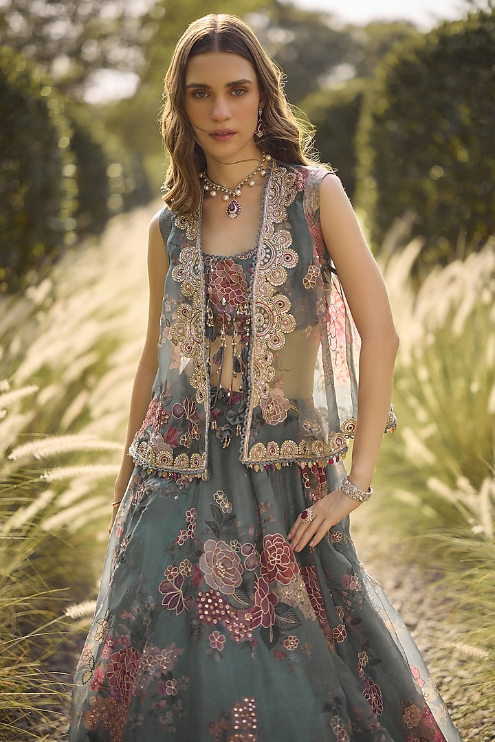 Sage Green Organza Printed & Embroidered Jacket Bridal Lehenga Set by Ridhi Mehra at Pernia's Pop Up Shop