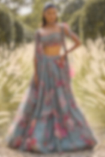 Powder Blue Organza Printed & Embroidered Wedding Lehenga Set by Ridhi Mehra at Pernia's Pop Up Shop