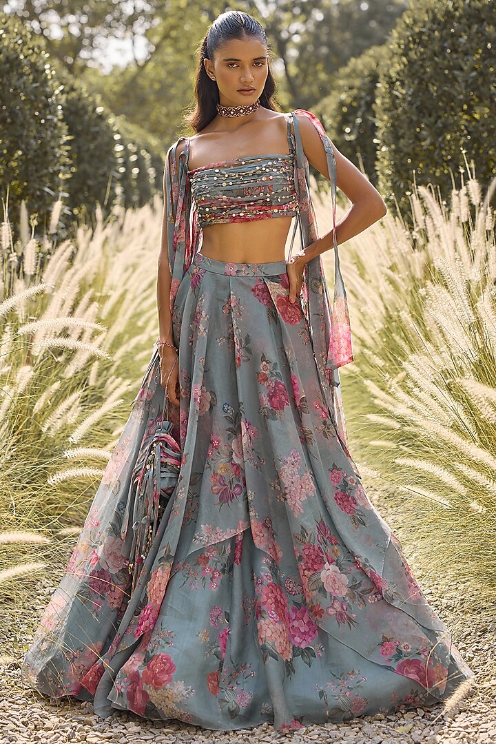 Powder Blue Organza Printed & Embroidered Wedding Lehenga Set by Ridhi Mehra at Pernia's Pop Up Shop