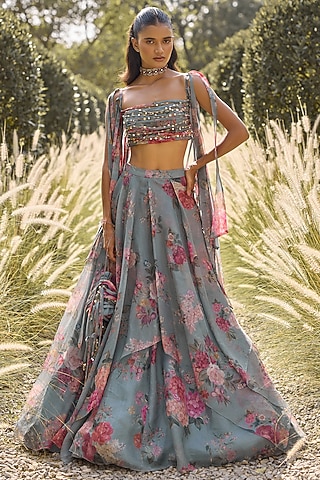 Powder Blue Organza Printed & Embroidered Lehenga Set by Ridhi Mehra