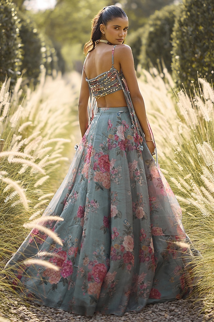 Powder Blue Organza Printed & Embroidered Wedding Lehenga Set by Ridhi Mehra at Pernia's Pop Up Shop