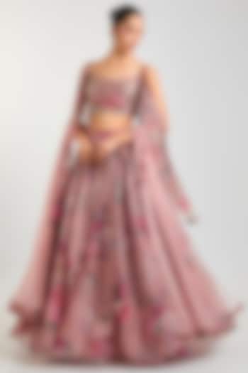 Blush Pink Organza Floral Printed Wedding Lehenga Set by Ridhi Mehra at Pernia's Pop Up Shop