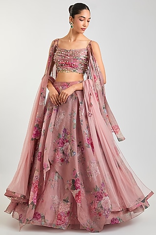 Blush Pink Organza Floral Printed Lehenga Set by Ridhi Mehra
