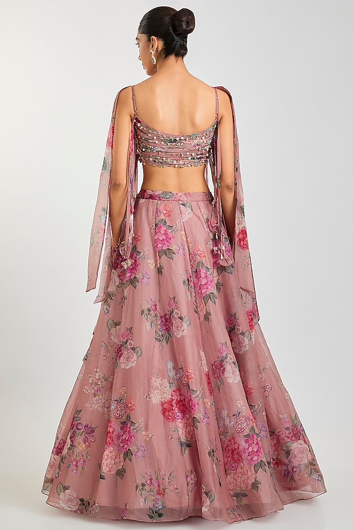 Blush Pink Organza Floral Printed Wedding Lehenga Set by Ridhi Mehra at Pernia's Pop Up Shop