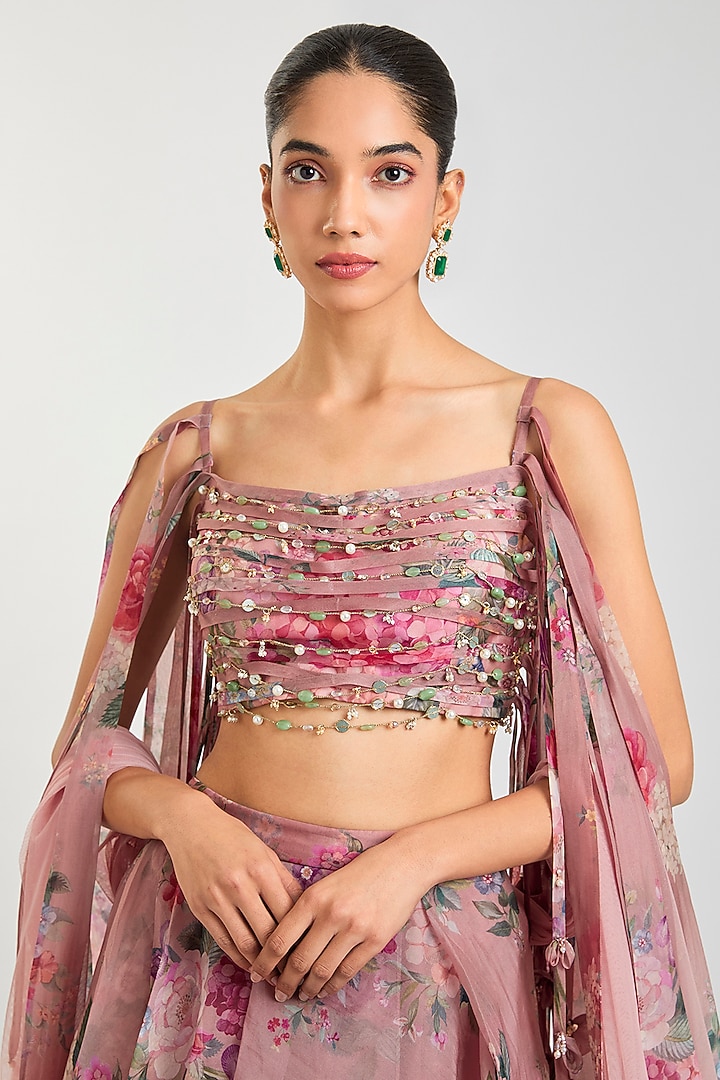 Blush Pink Organza Floral Printed Wedding Lehenga Set by Ridhi Mehra at Pernia's Pop Up Shop