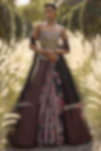 Black Raw Silk Printed Wedding Lehenga Set by Ridhi Mehra at Pernia's Pop Up Shop