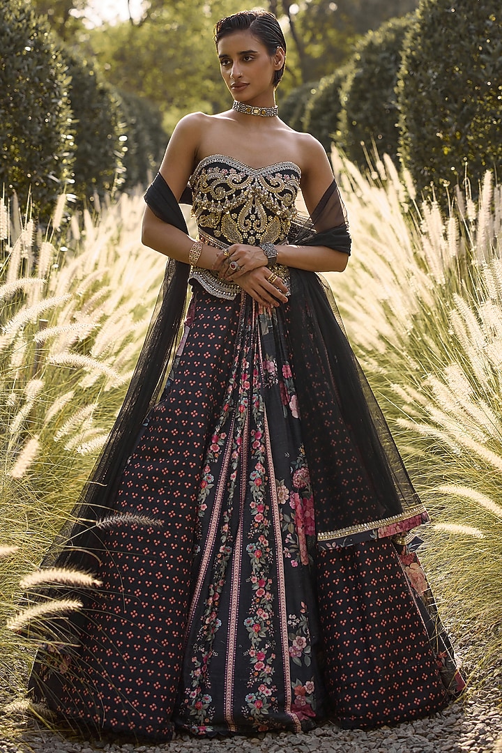 Black Raw Silk Printed Wedding Lehenga Set by Ridhi Mehra at Pernia's Pop Up Shop